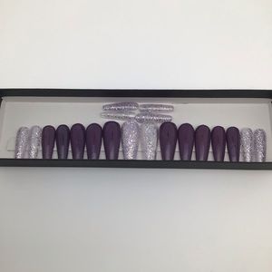 Long Gel Press On Nails with Purple and Sparkle